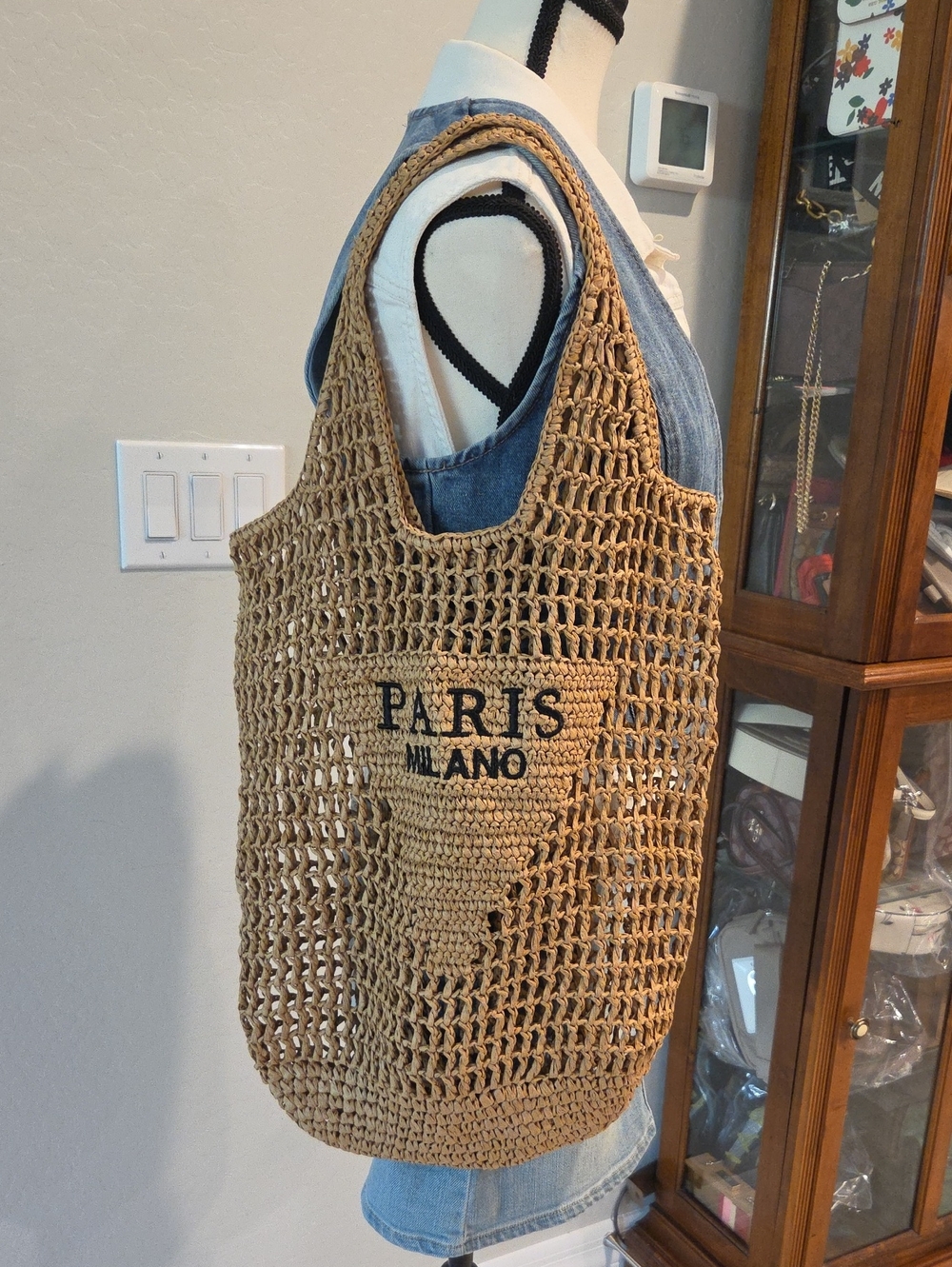 Tan Crochet Tote with Front Logo Embroidery